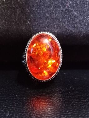Antique Style Orange And Gold Natural Amber Oval Stamped .925 Ring Sz 7.75